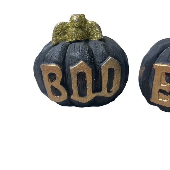 Boo Eek Black & Gold Pumpkin Set of 2 Concrete 4” x 3.5” Decor - Picture 12 of 14